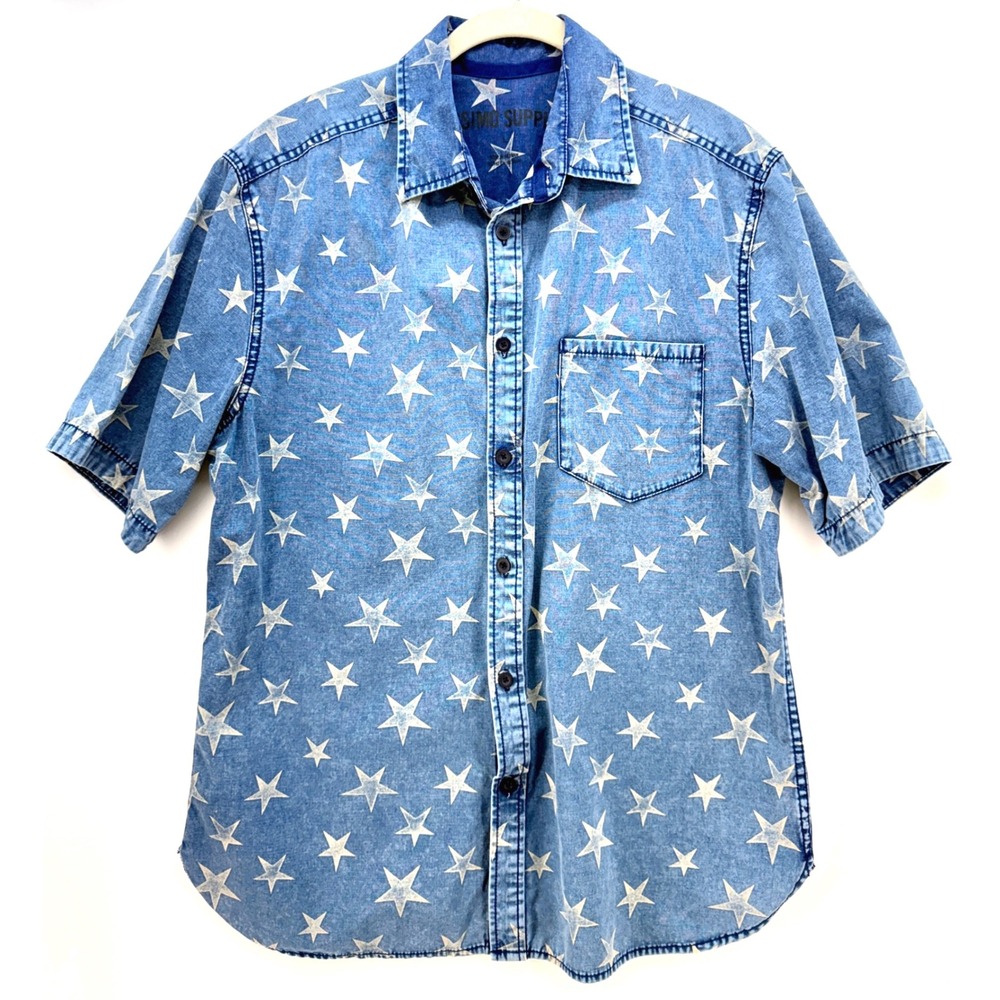 Mossimo Star Print Denim Button Shirt Vintage 90s L Celestial Indie Patriotic AF